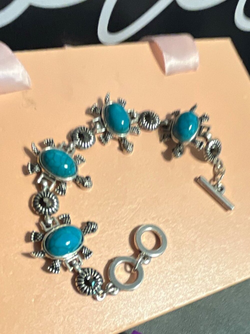 Silver Tone Turtle Link Charm Bracelet Blue Oval Turquoise 4-Stone Toggle